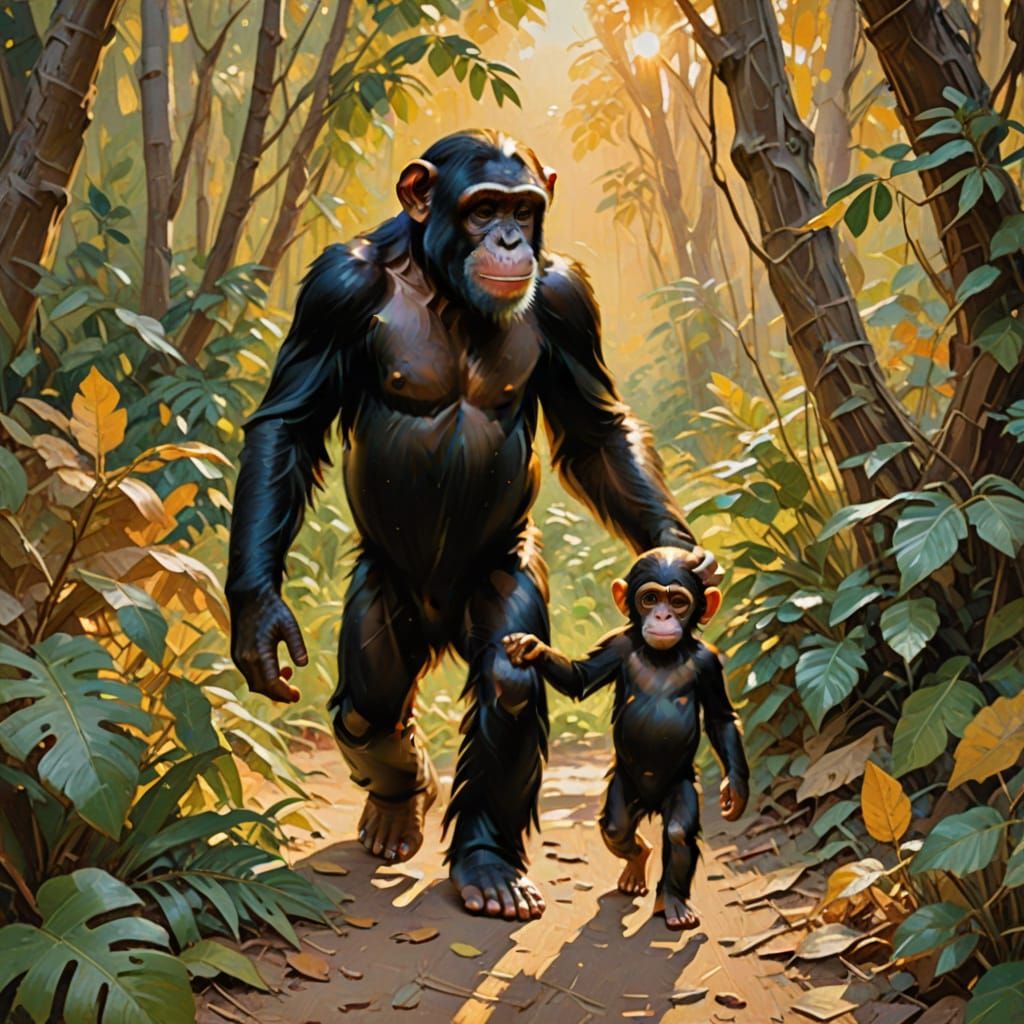 Chimp Holding Hand in Impressionist Painting