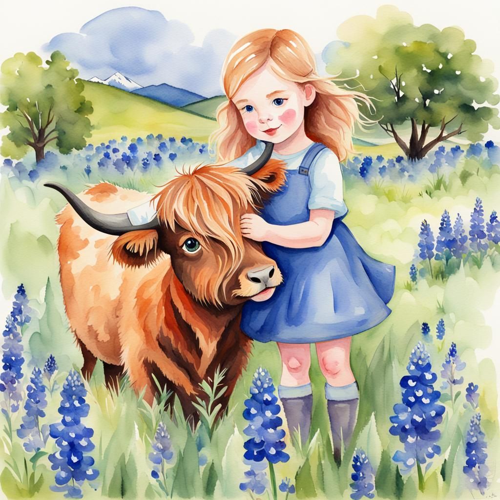 Girl and Cat Ride Highland Cow Watercolor