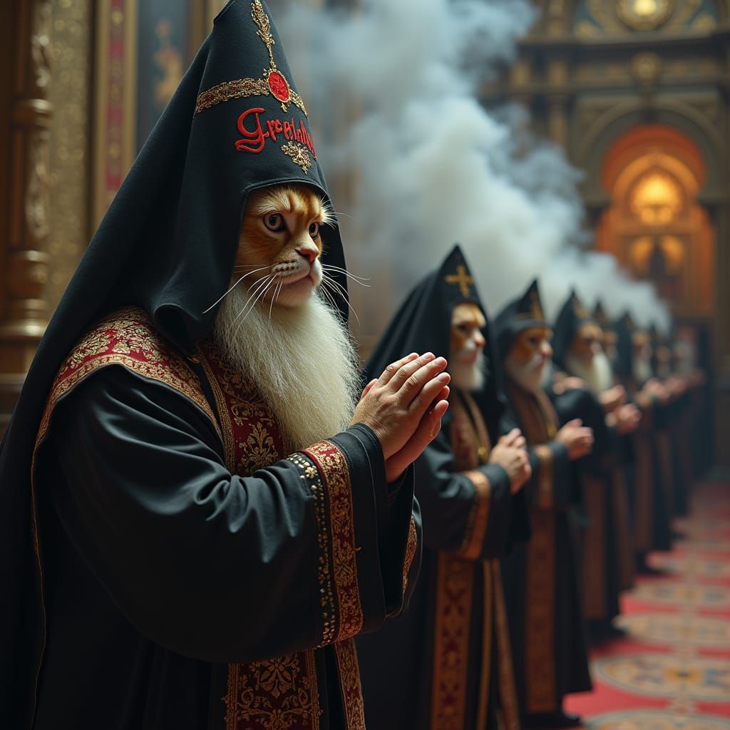 Cats in Orthodox Religious Procession in Russian Church