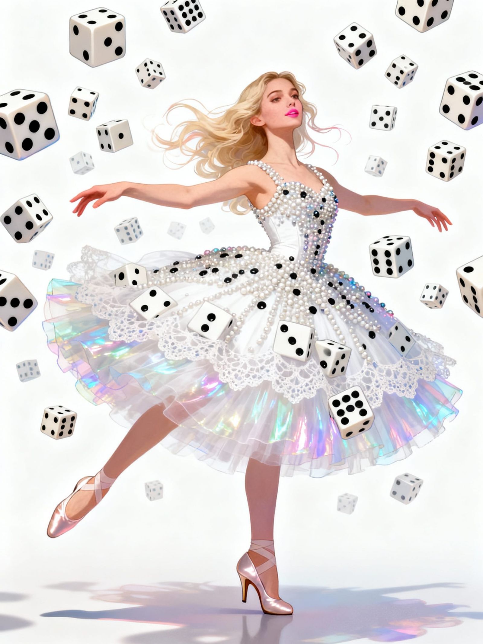 Woman Dances Amidst Floating Dice in White Studio