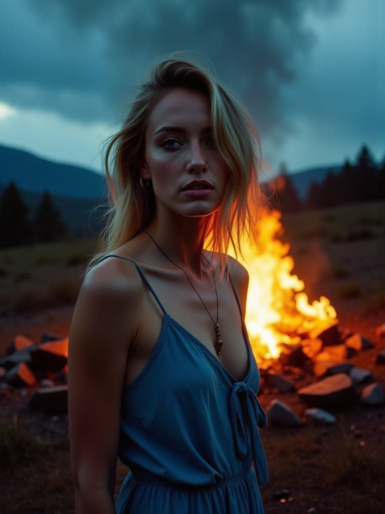 Woman Illuminated by Firelight and Twilight on Mountainside