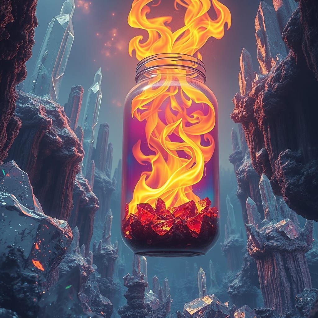 Ethereal Jar in Crystal Forest with Iridescent Flames