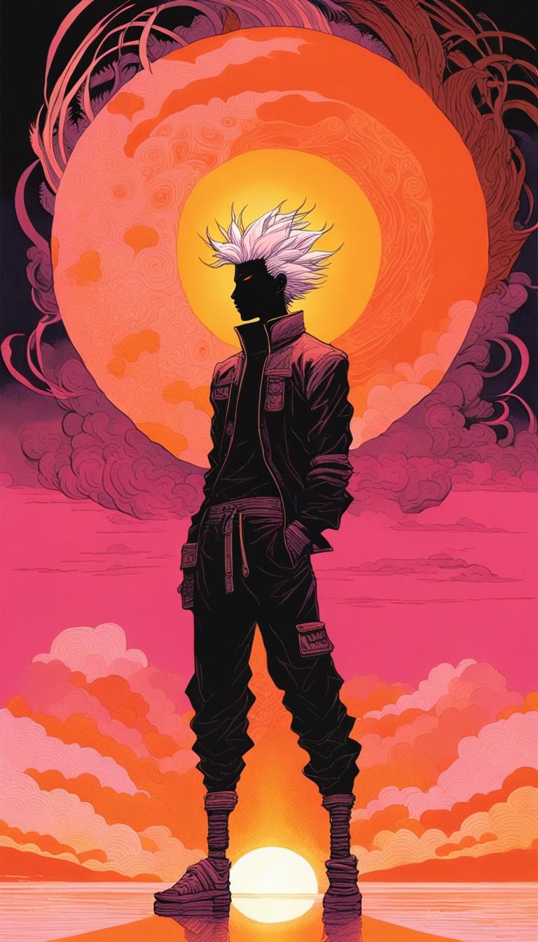Contemplative Man Before Orange Sun, Yoshitaka Amano Style