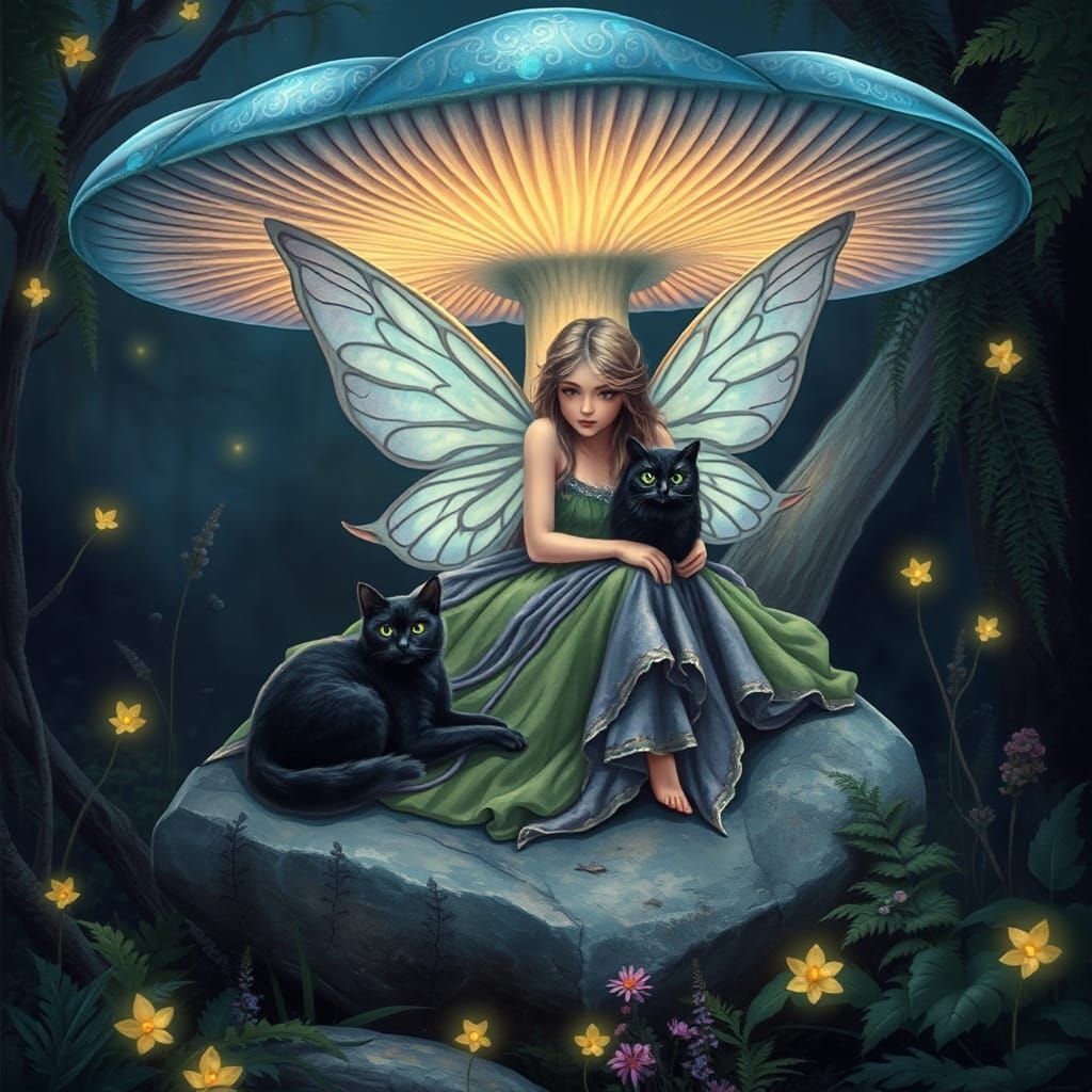 Enchanted Fairy with Owl and Cat Under Bioluminescent Mushro...