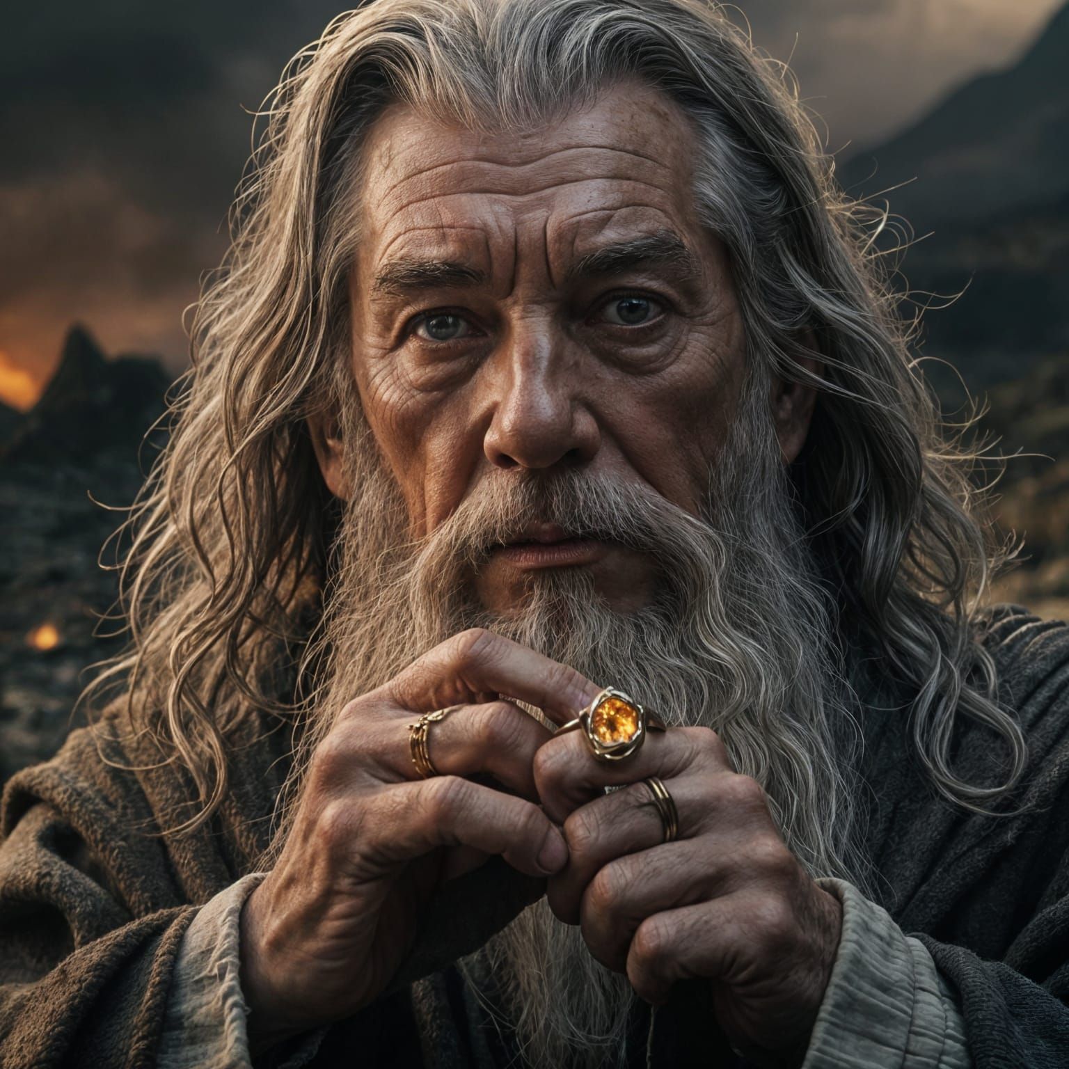 Gandalf with Ring in Mordor: Cinematic Film Still