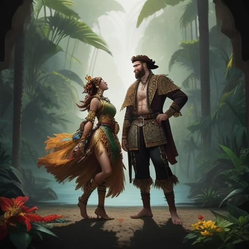 Pirate and Tribal Woman in Lush Jungle, Fantasy Art