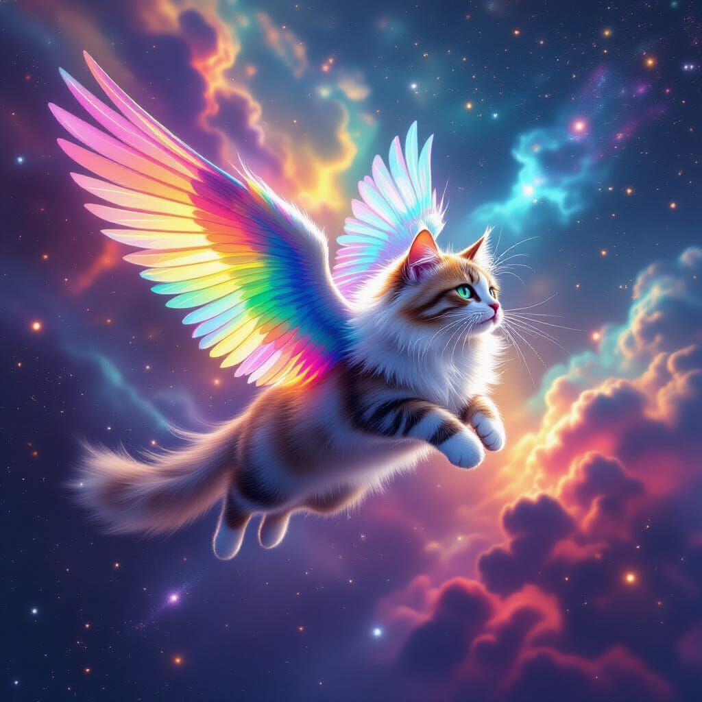 Rainbow-Winged Cat Soaring Through Nebula in HDR