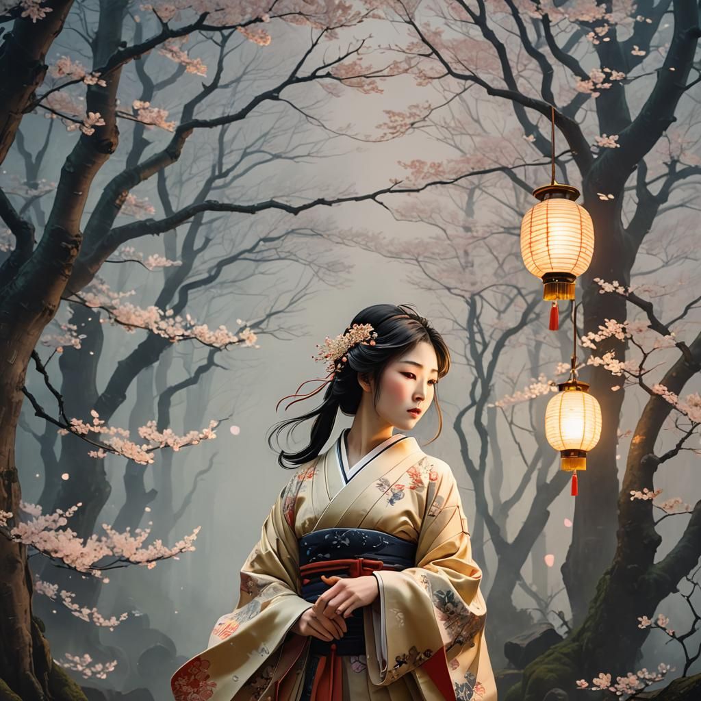 Serene Japanese Maiden in Misty Forest: Ukiyo-e Art