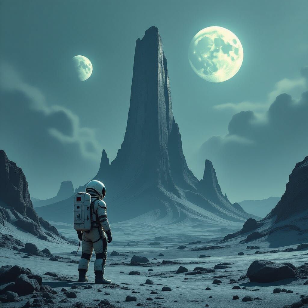 Astronaut Gazes at Alien Ruin Under Twin Moons