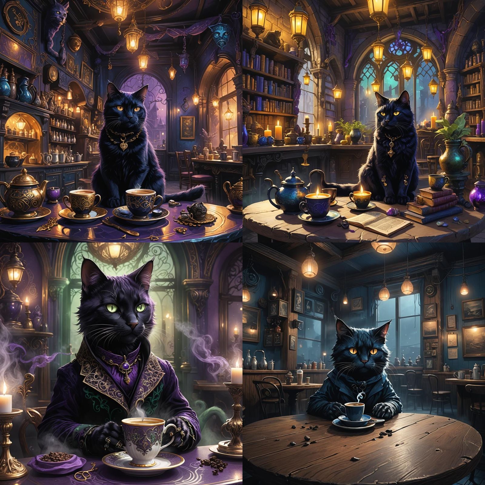Goth Cat Fursona in Coffee Shop, Detailed Matte Painting