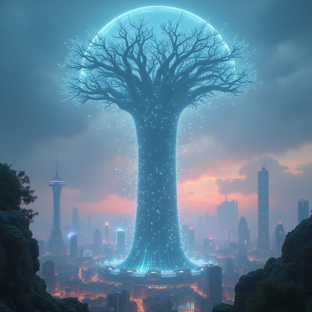 Futuristic City Glass Tree with Glowing Orbs