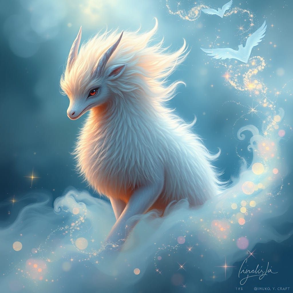 Glimmering, Ethereal Creature in a Whimsical Misty Realm