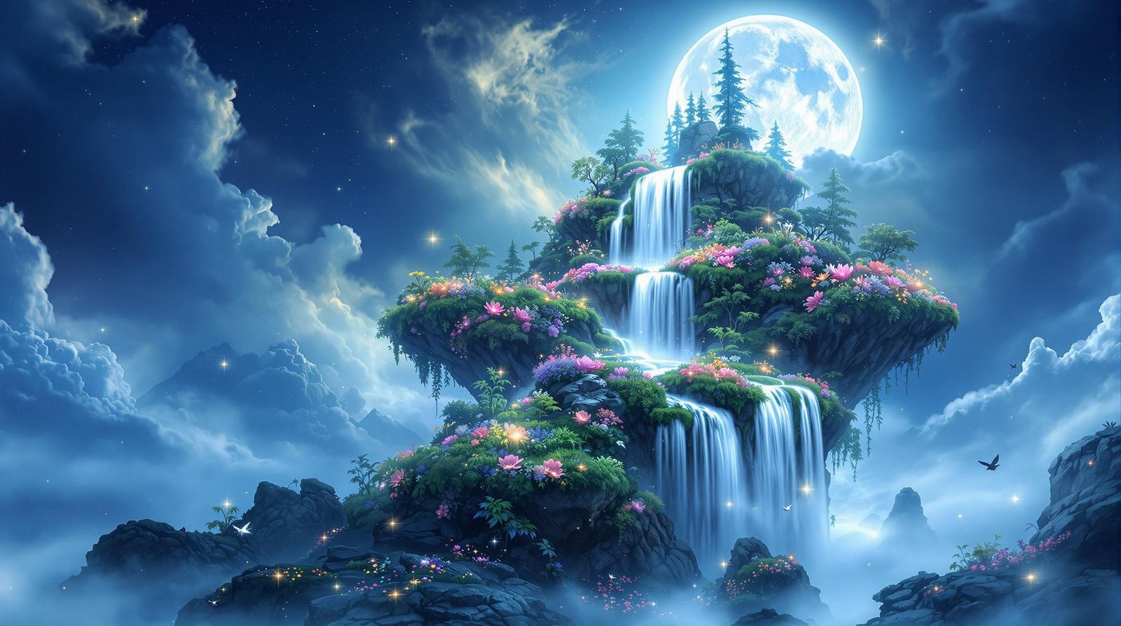 Moonlit Enchanted Island Falls in Vibrant Colors