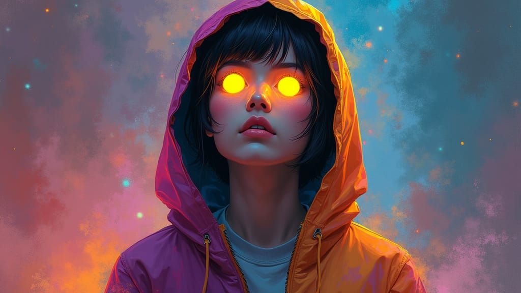 Contemplative Figure in Nebula with Glowing Eyes