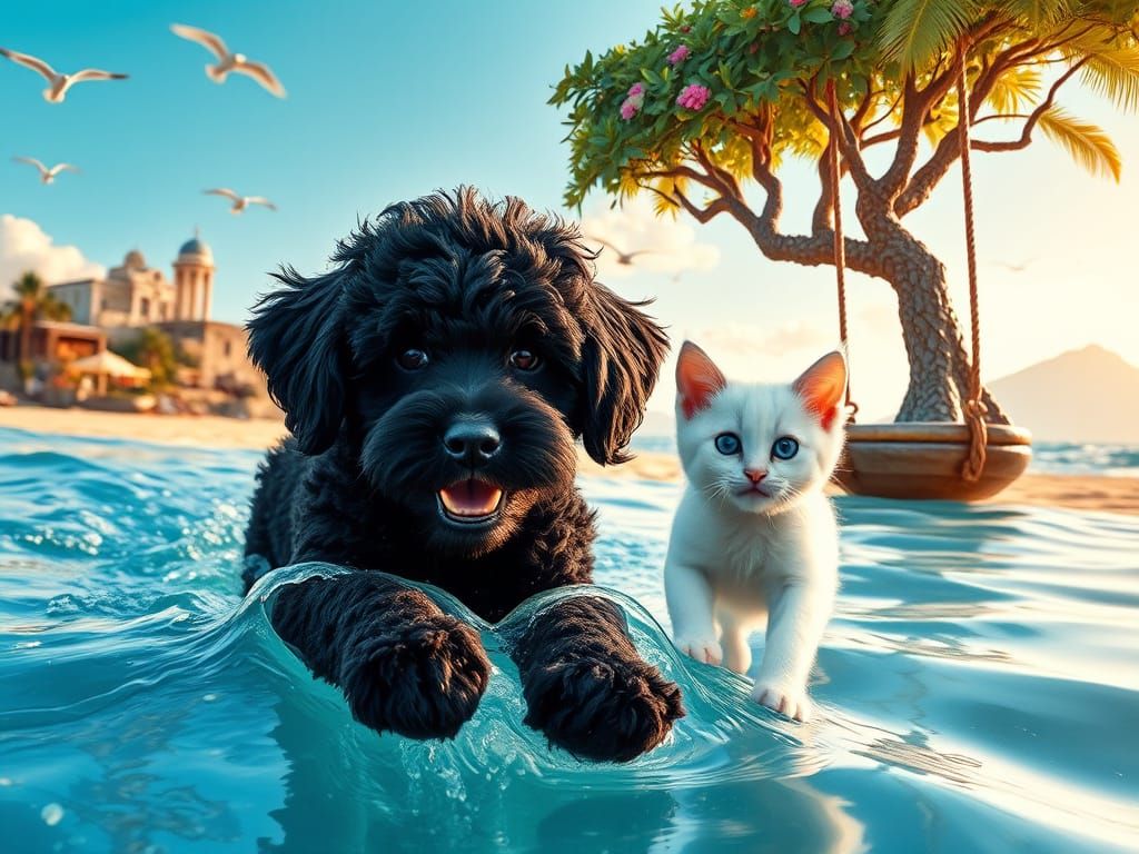 Hyper-Realistic Poodle Puppy Plays with Kitty on Mediterrane...