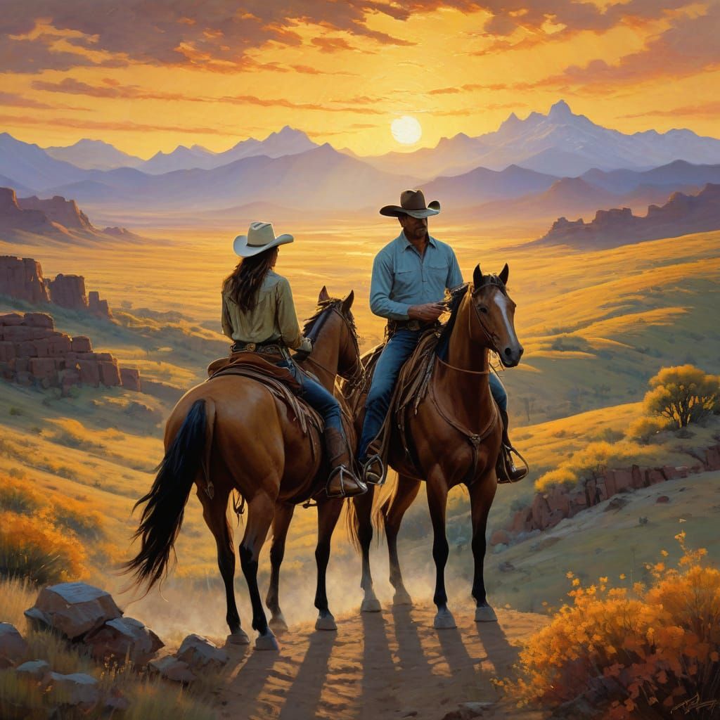 Cowboy and Cowgirl Embrace in Golden Hour Oil Painting