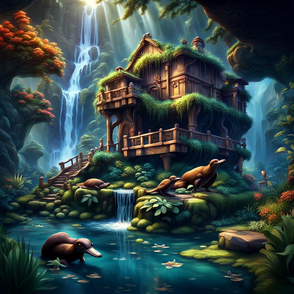 Platypus in Waterfall Garden, Detailed Matte Painting