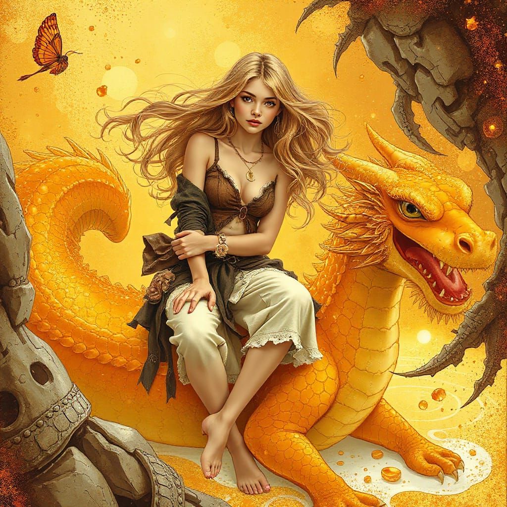 Woman on Gummy Dragon in Effervescent Soda Sea