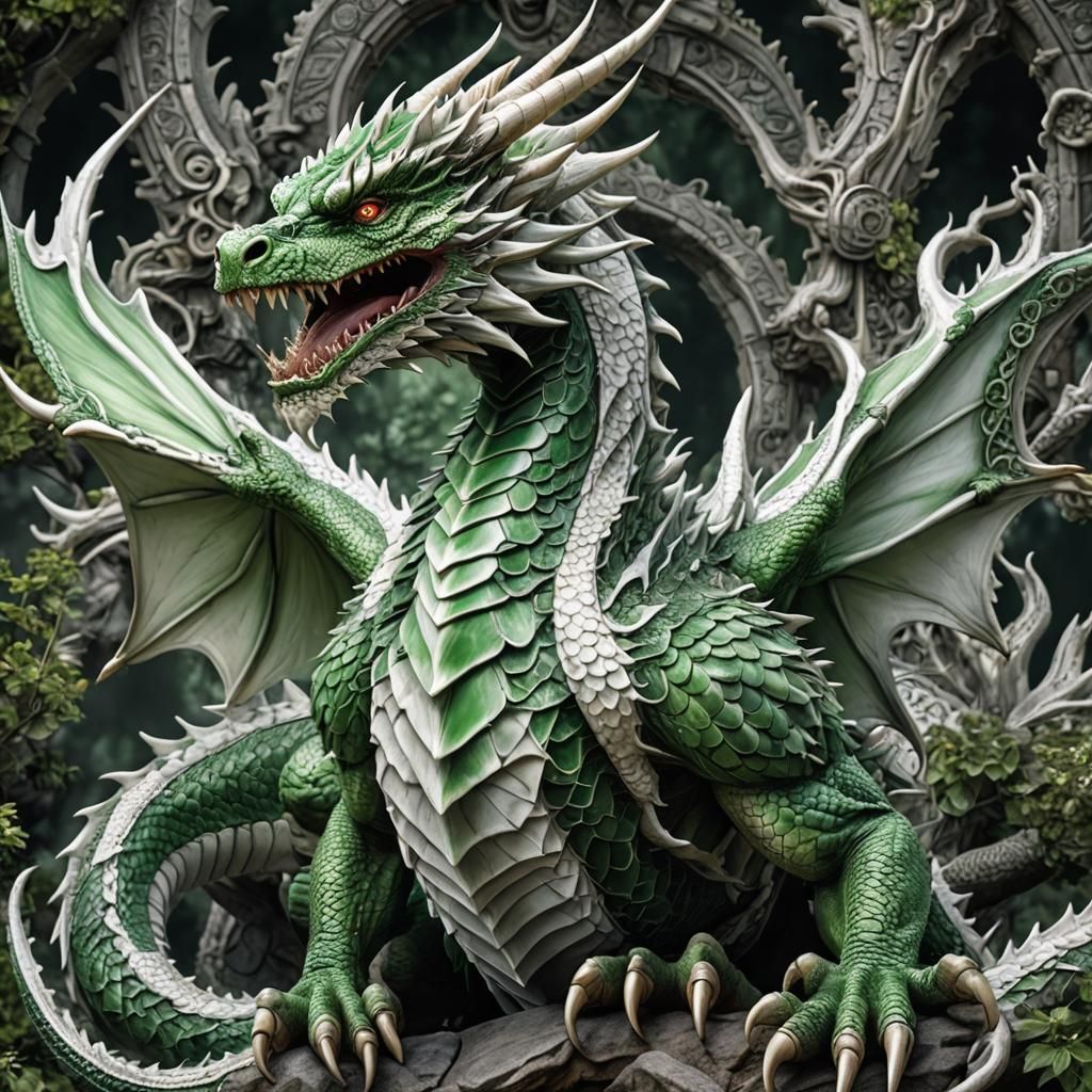 Hyperrealistic Green and White Dragon in High Definition