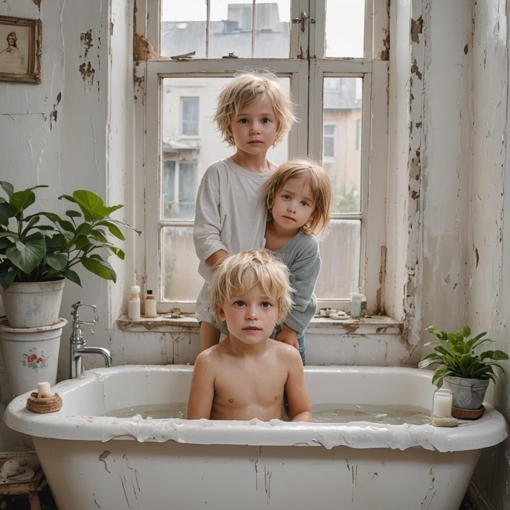 Blond Boy Watches Sister in Shabby Apartment