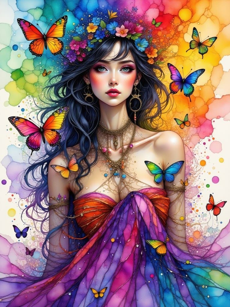 Watercolor Woman with Cat and Butterflies, Alcohol Ink Style