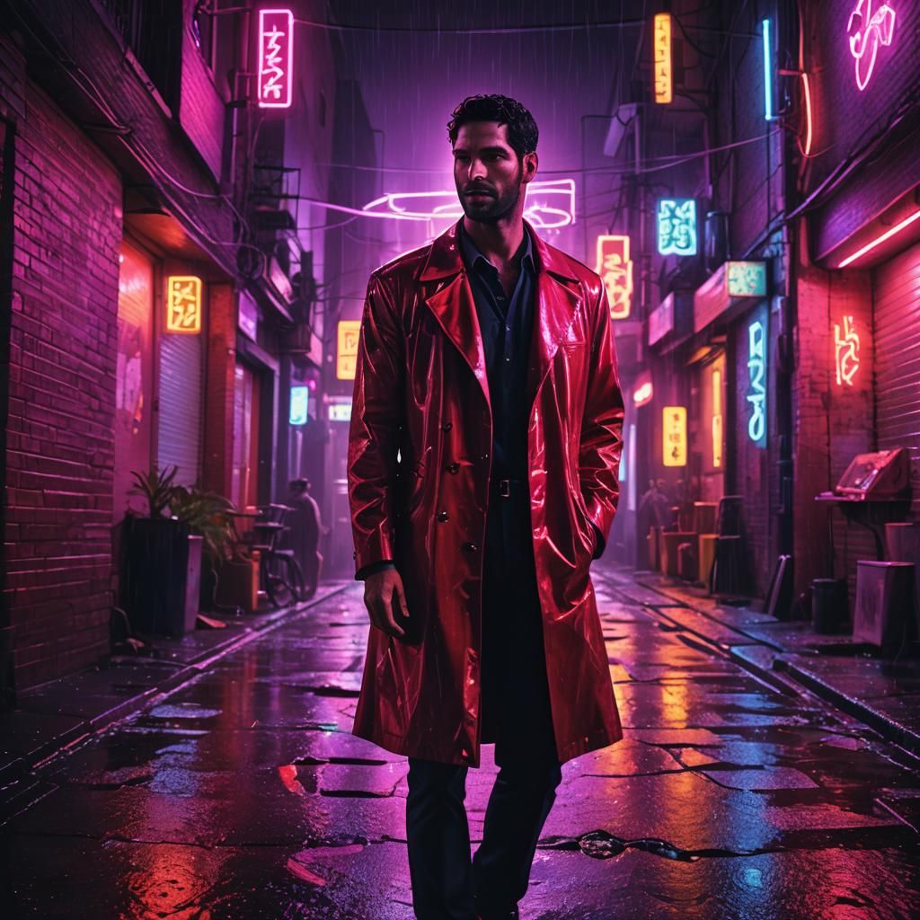 Synthwave Lucifer in Neon Retro Alleyway