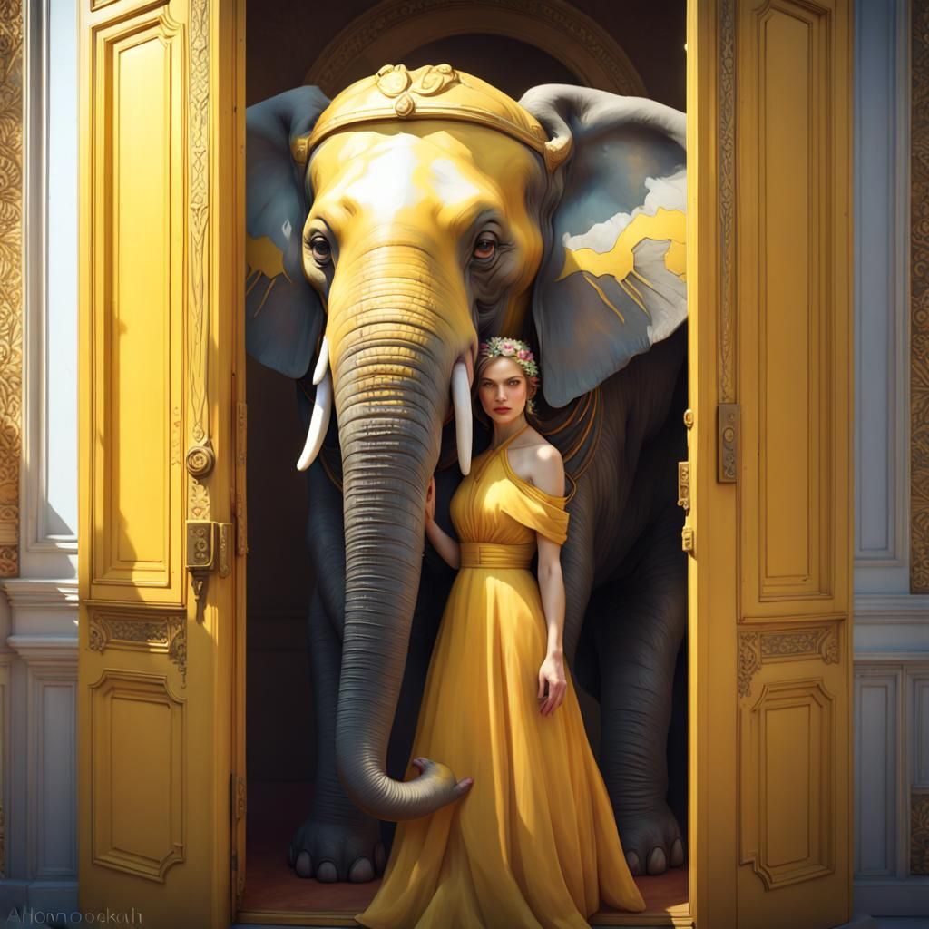 Yellow Elephant in Dress: Detailed Digital Portrait
