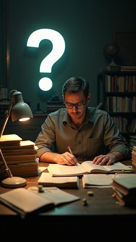 Perplexed Scholar with Question Mark in 35mm Film Style