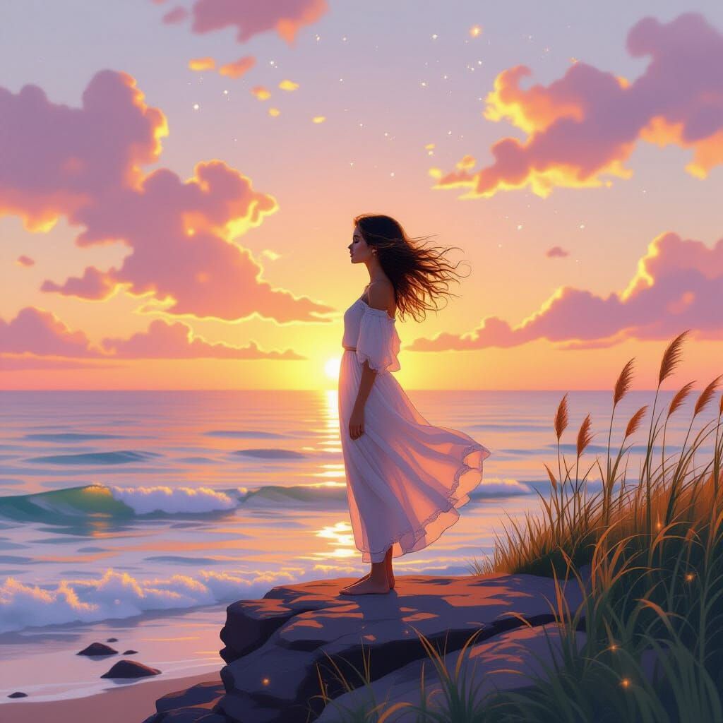 Ethereal Sunset Over Coastline in Watercolor Style