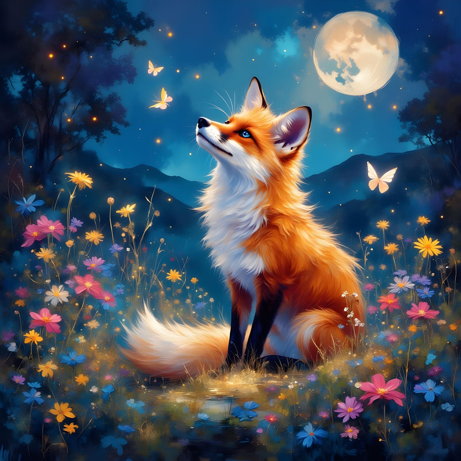 Ethereal Nighttime Scene with Fox and Vibrant Wildflowers