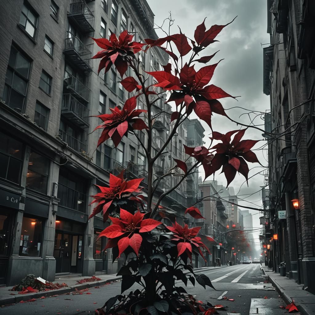 Gothic Poinsettia: Dark Surrealism in Cityscape
