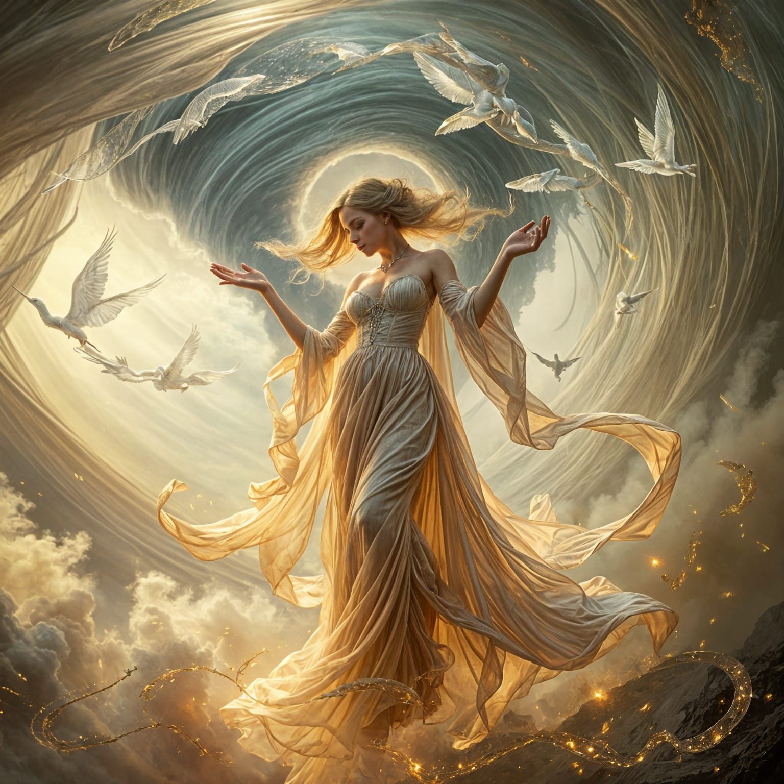 Enchanted Queen Dances Amidst Whirlwind