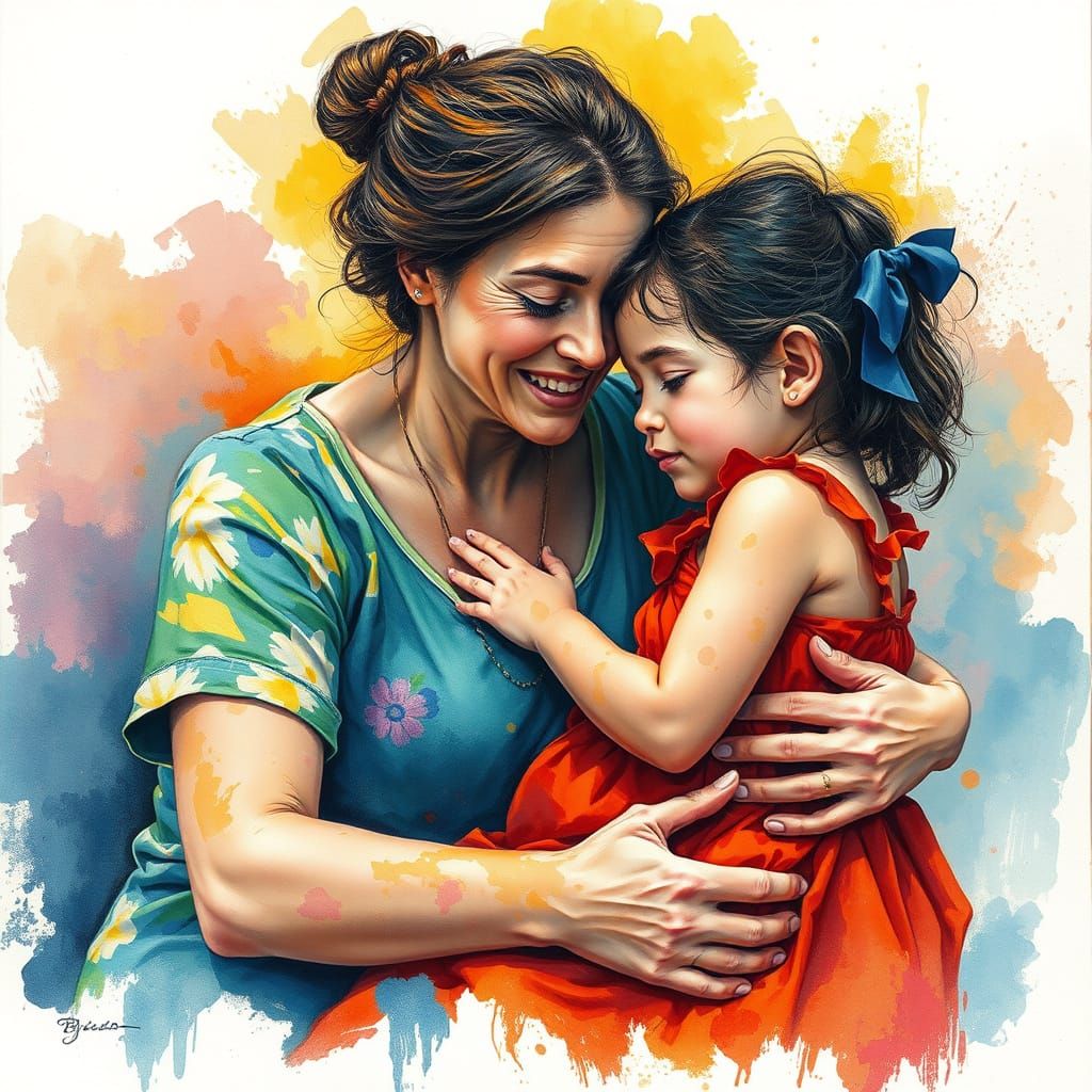 Mother and Daughter Embrace: Impressionist Charcoal Illustra...