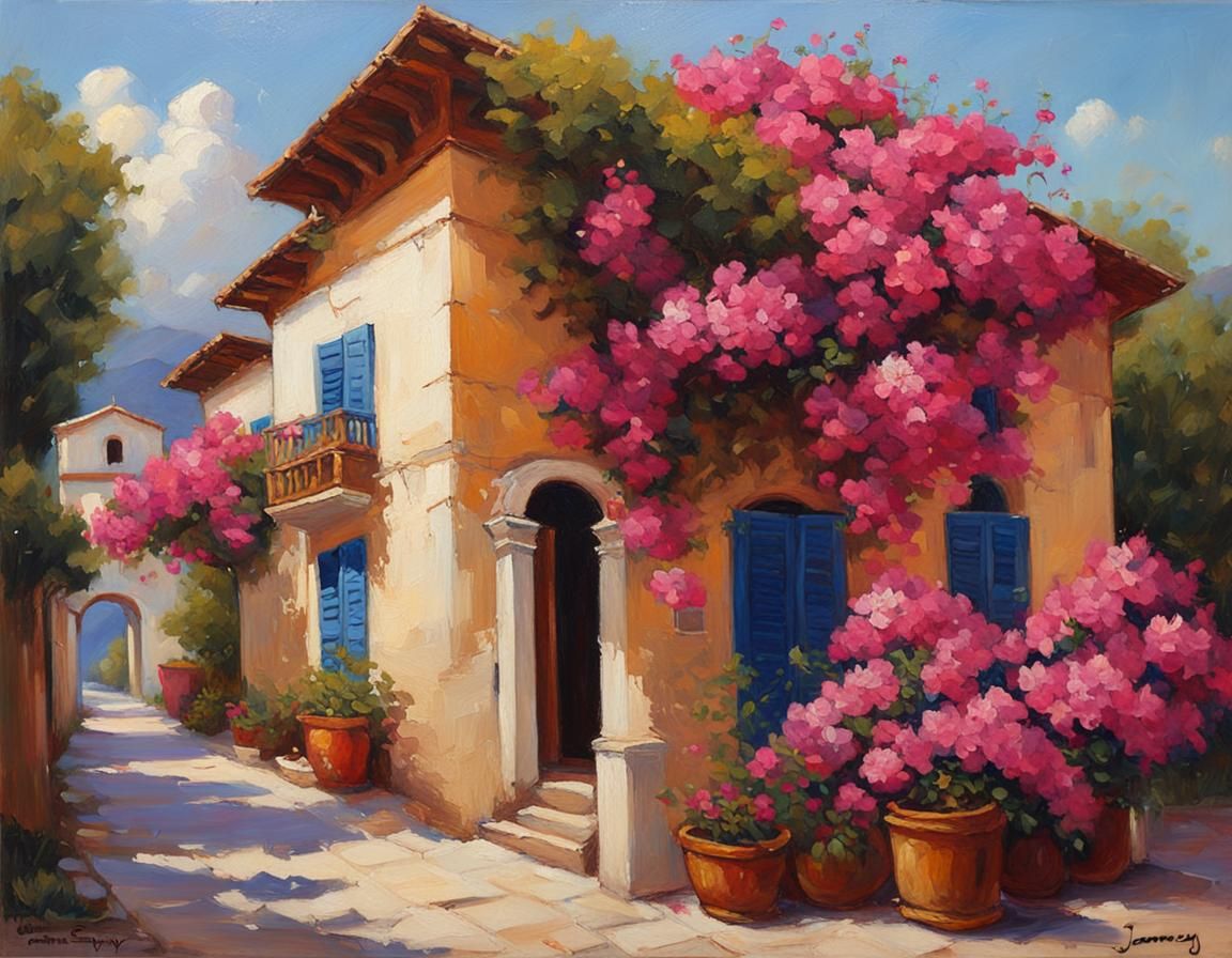 Renaissance Houses with Bougainvillea, Oil Painting