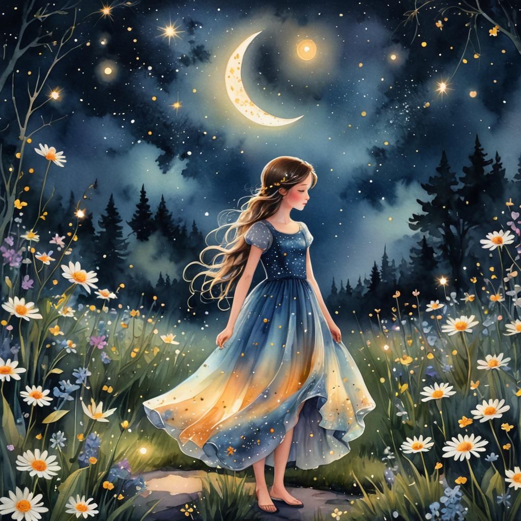 Magical Girl in Starry Night Watercolor Painting