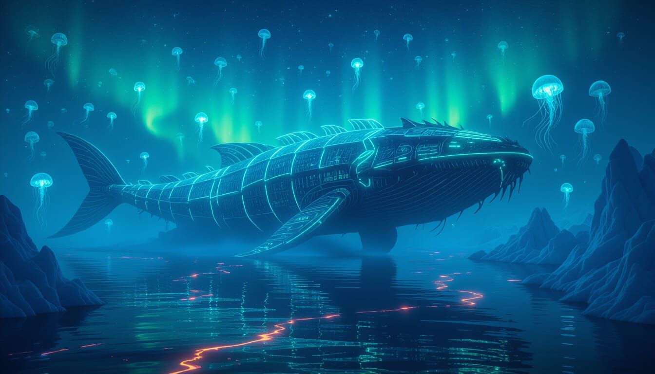 Neon Leviathan in Luminescent Ocean Midnight Scene