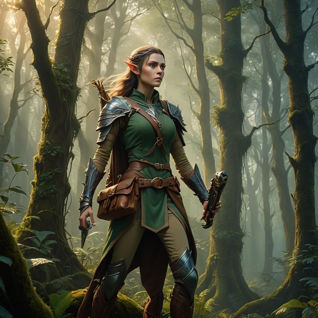 Wood Elf with Cybernetic Arm in Misty Forest