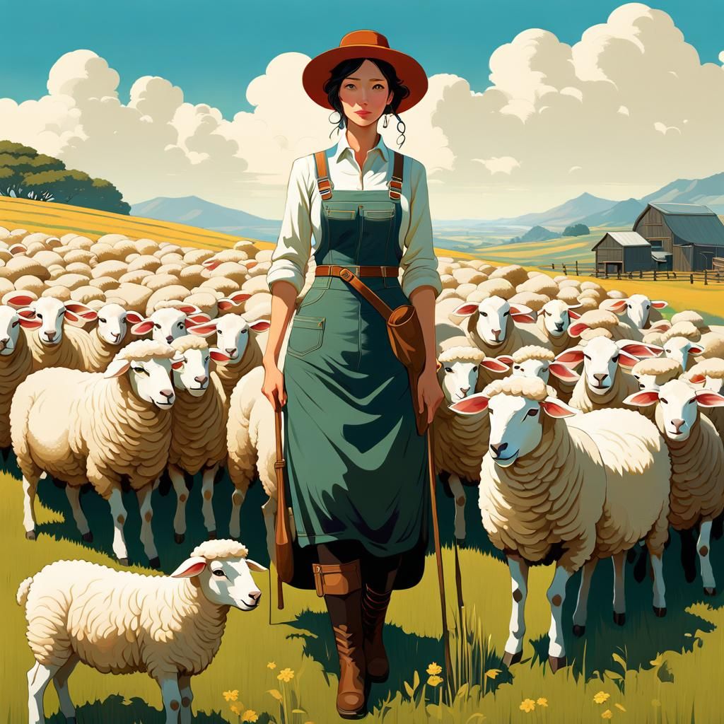 Farmer and Sheep Portrait in Digital Painting Style