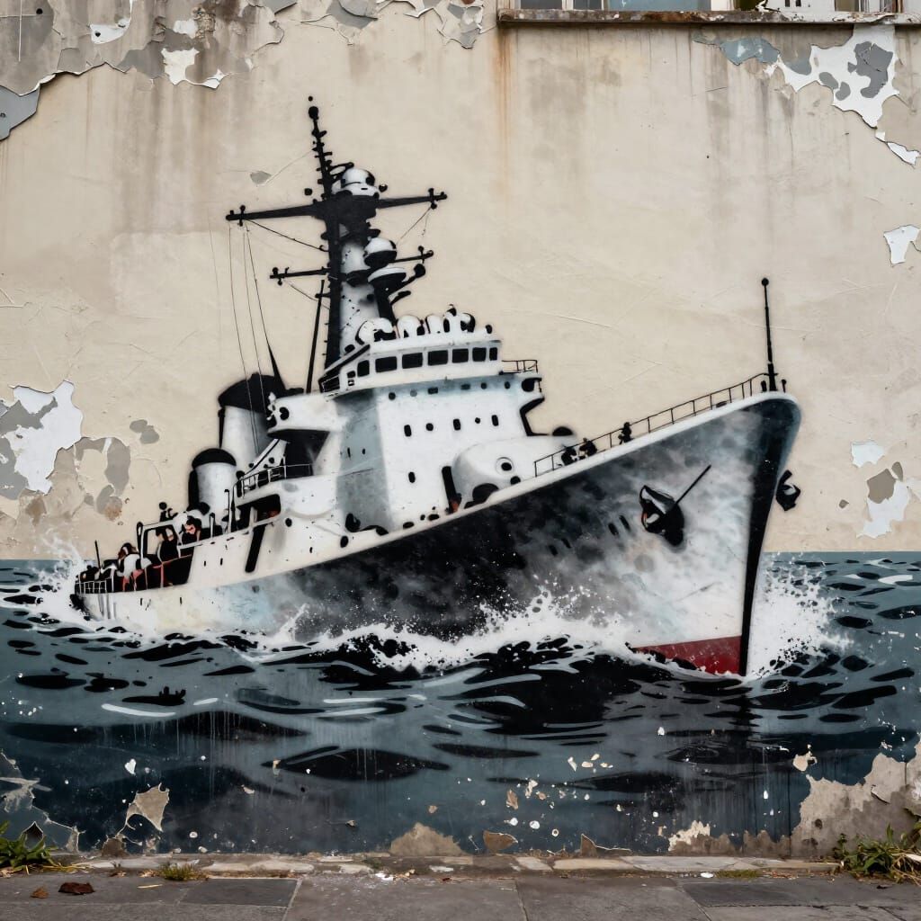 Warship Sinking in Banksy-Inspired Stencil Art