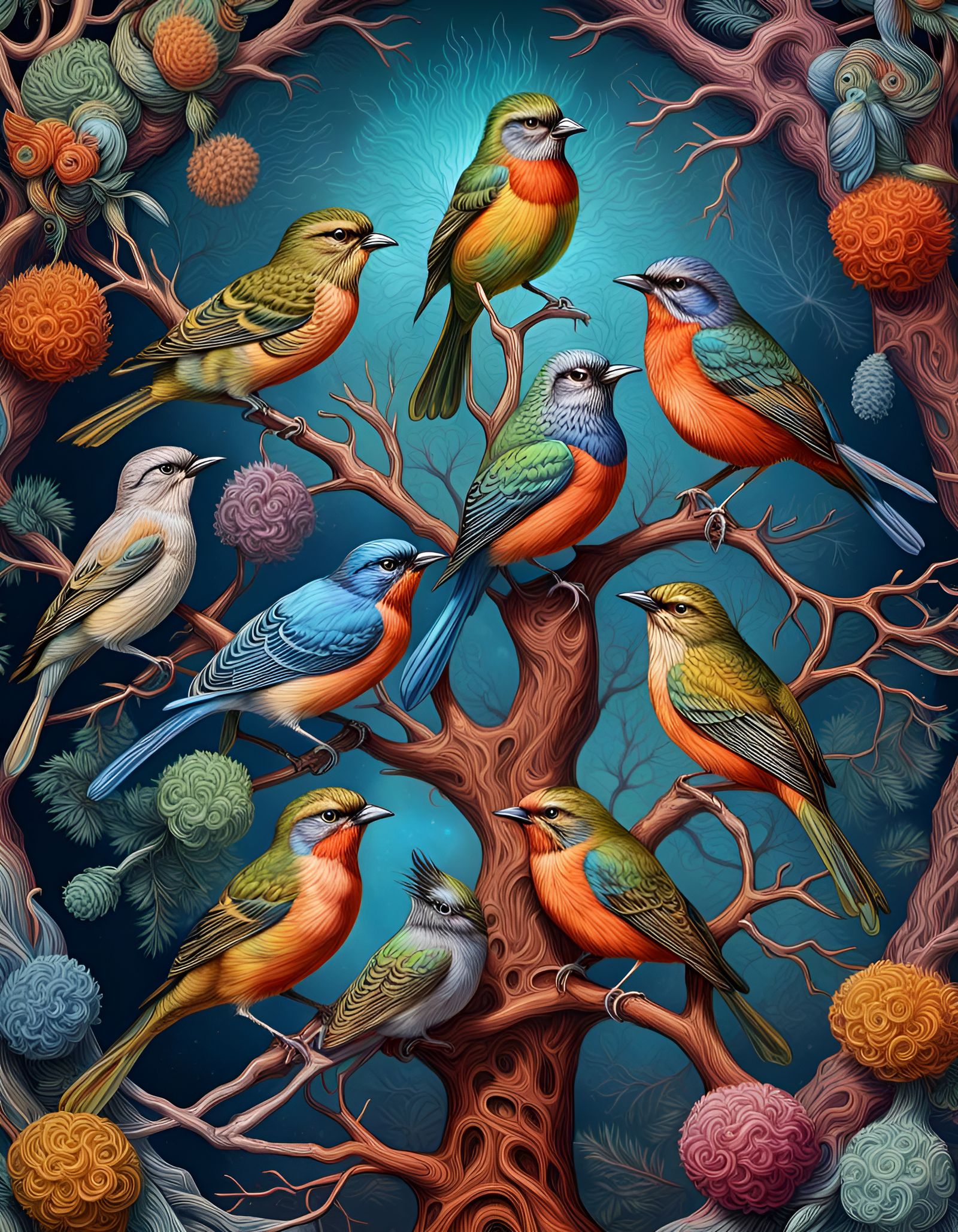 Songbirds in Winter Tree: Holographic Astral Illustration