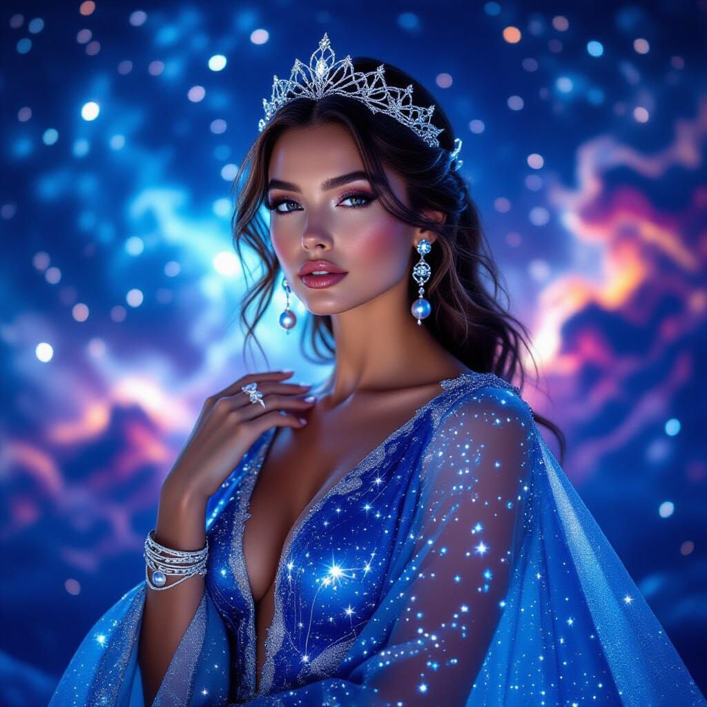 Celestial Woman in Cosmic Dreamscape, Editorial Style