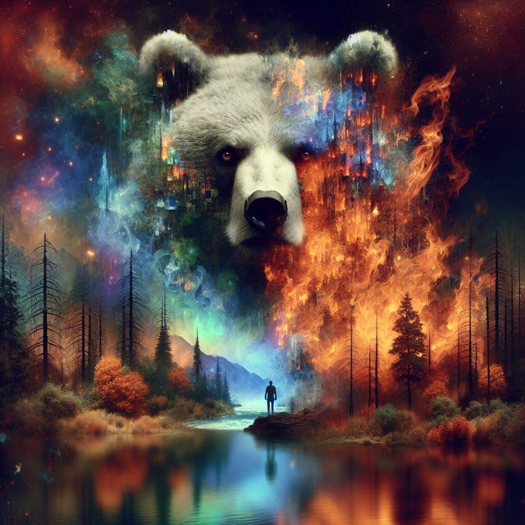 Surreal Bear Face Evokes Forest Fire Rebirth