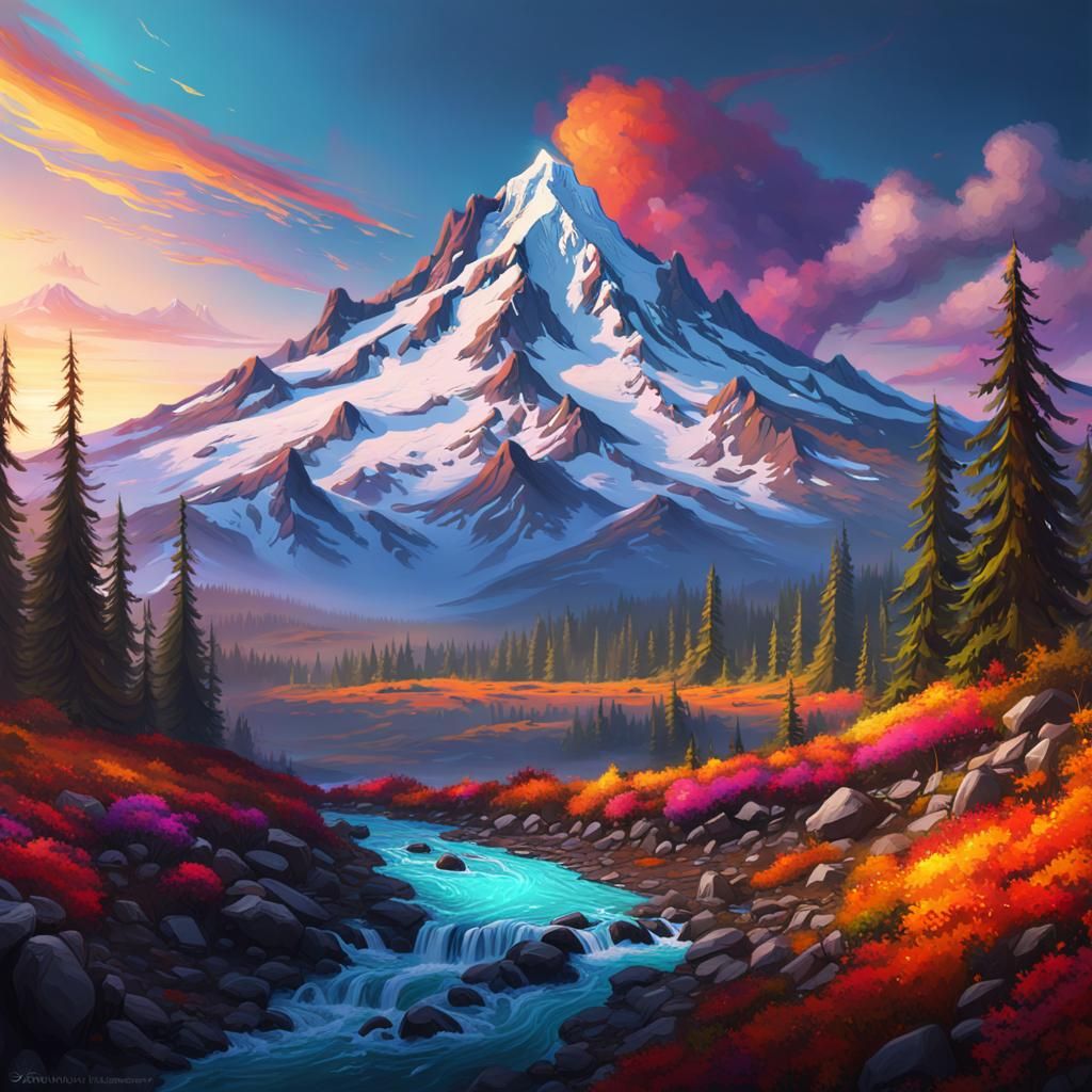 Bright colorful  painting of Mt hood