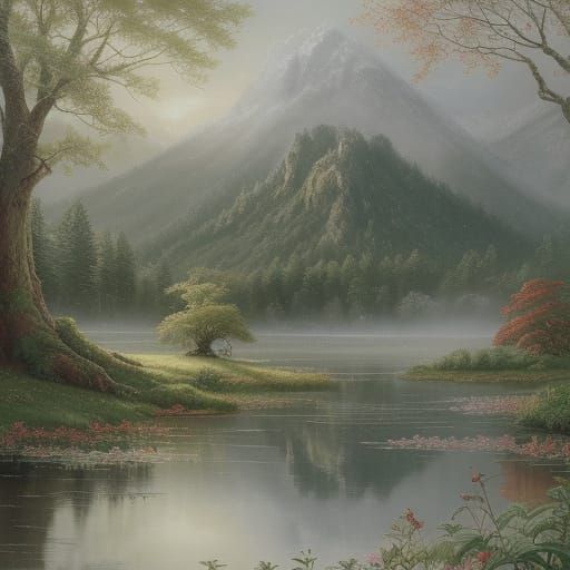 Ancient Tree in Serene Pond Landscape, Watercolor Botanical ...