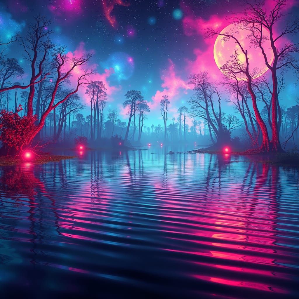 Iridescent Swamp Reflecting Glowing Galaxies