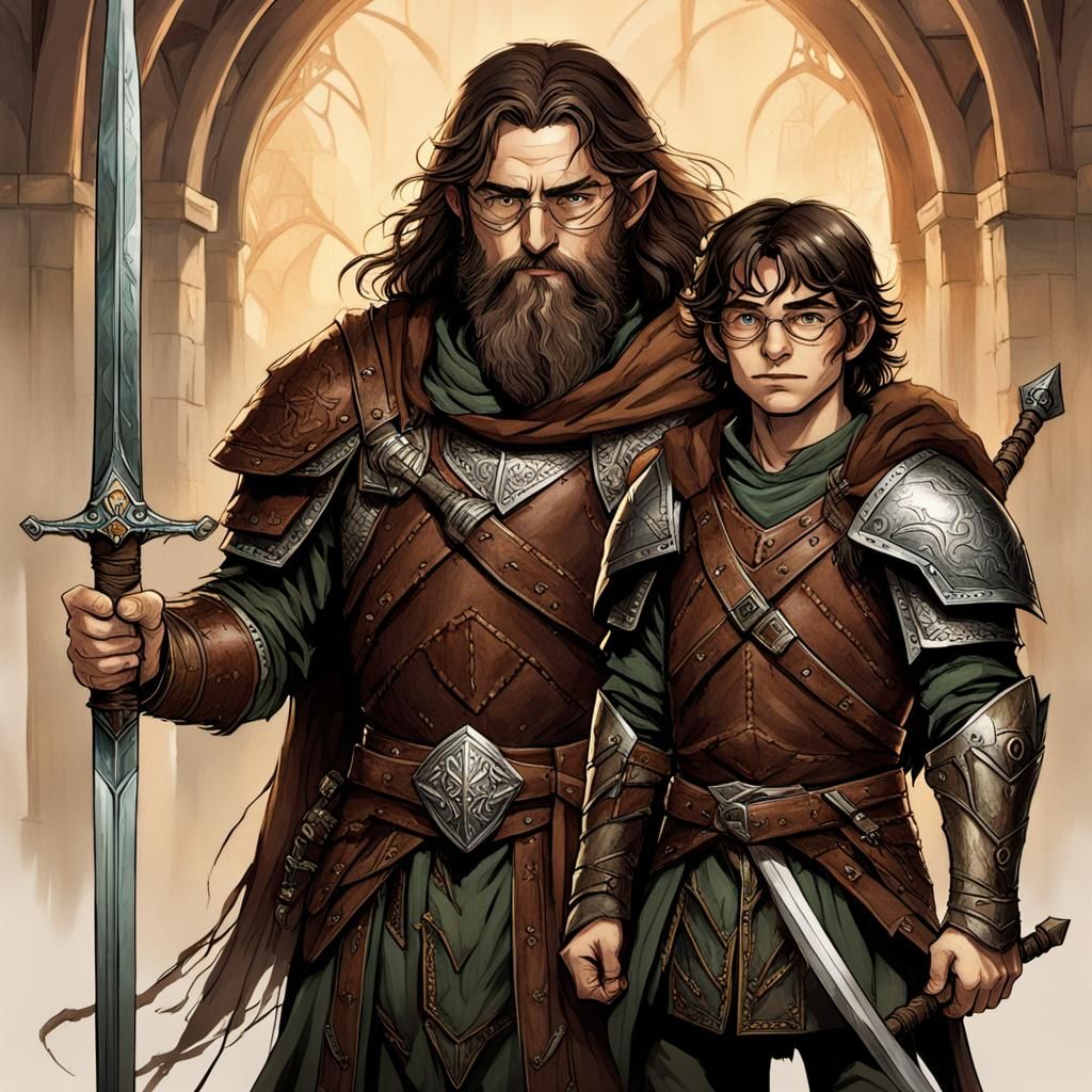 dnd character art, young boy with glasses and long brown hair holding sword next to large bearded man wearing leather ar...