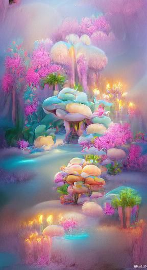 Luminous Neon Forest Island, Kinkade Style