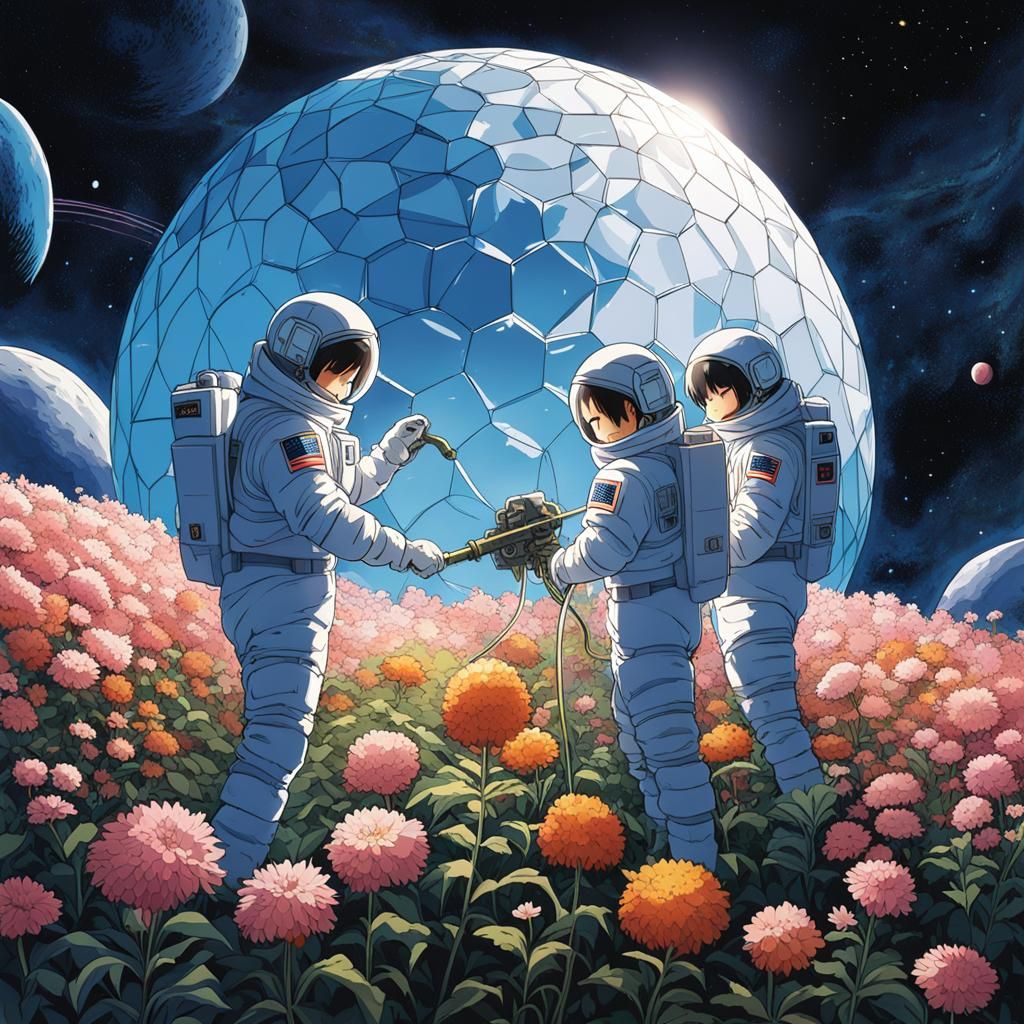 Astronauts Tend Lunar Garden in Anime Style