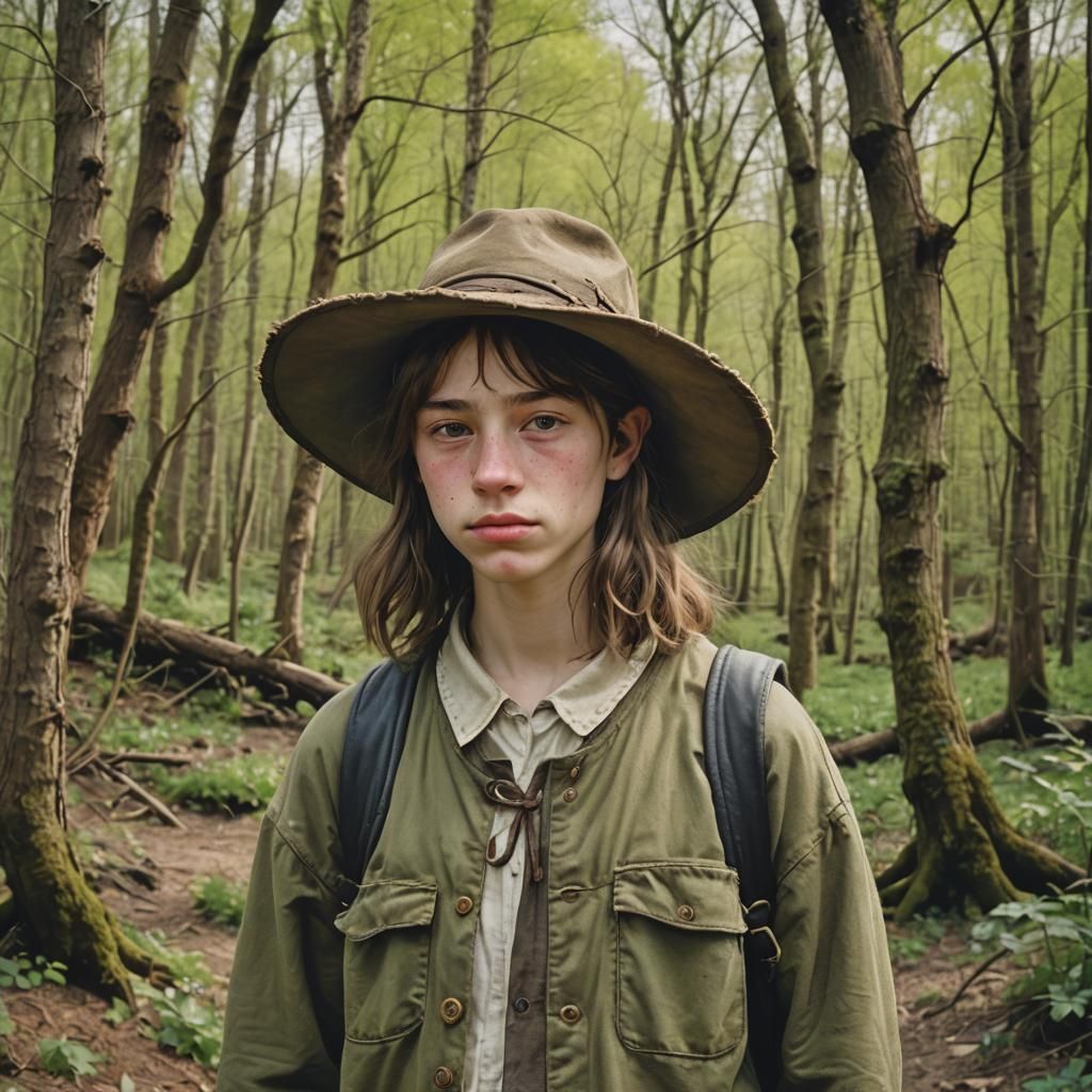 Teenage Girl Disguised as Boy in Spring Woodland