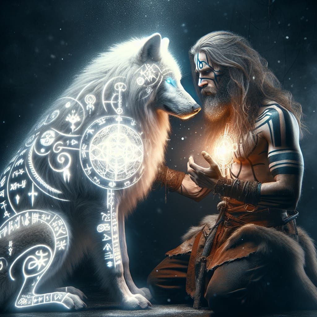 Viking Warrior in Mystic Bond with Radiant White Wolf
